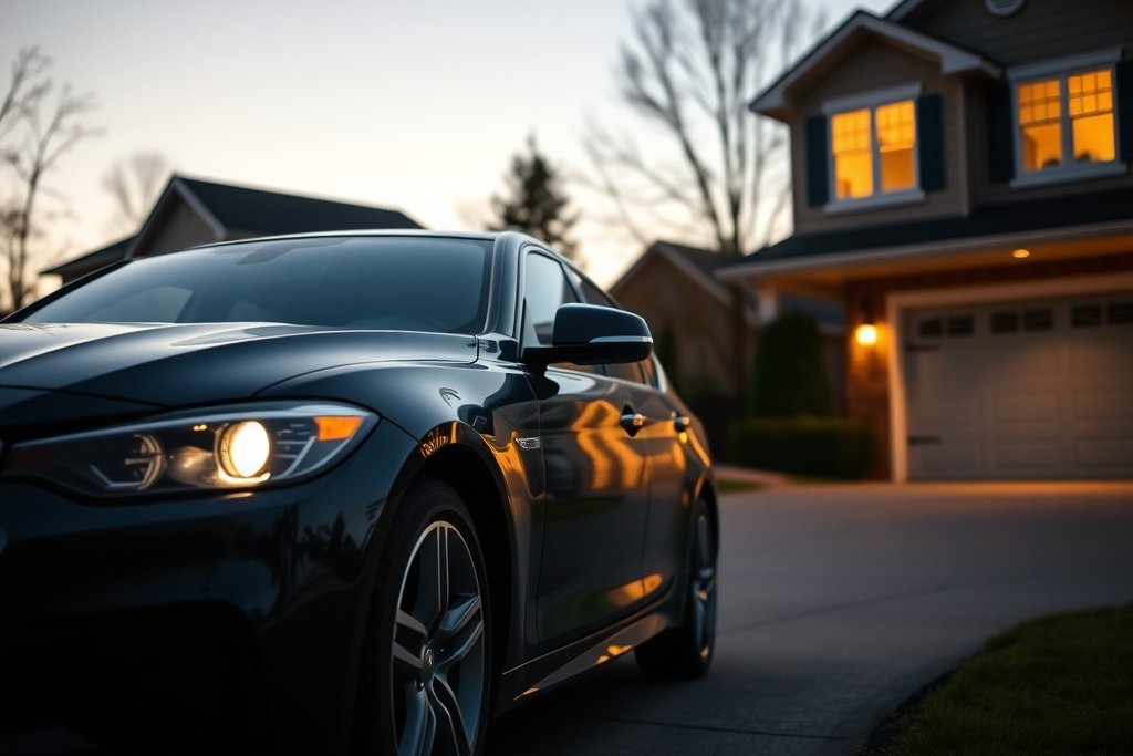 Car parked in a driveway at dusk with warm house lights on