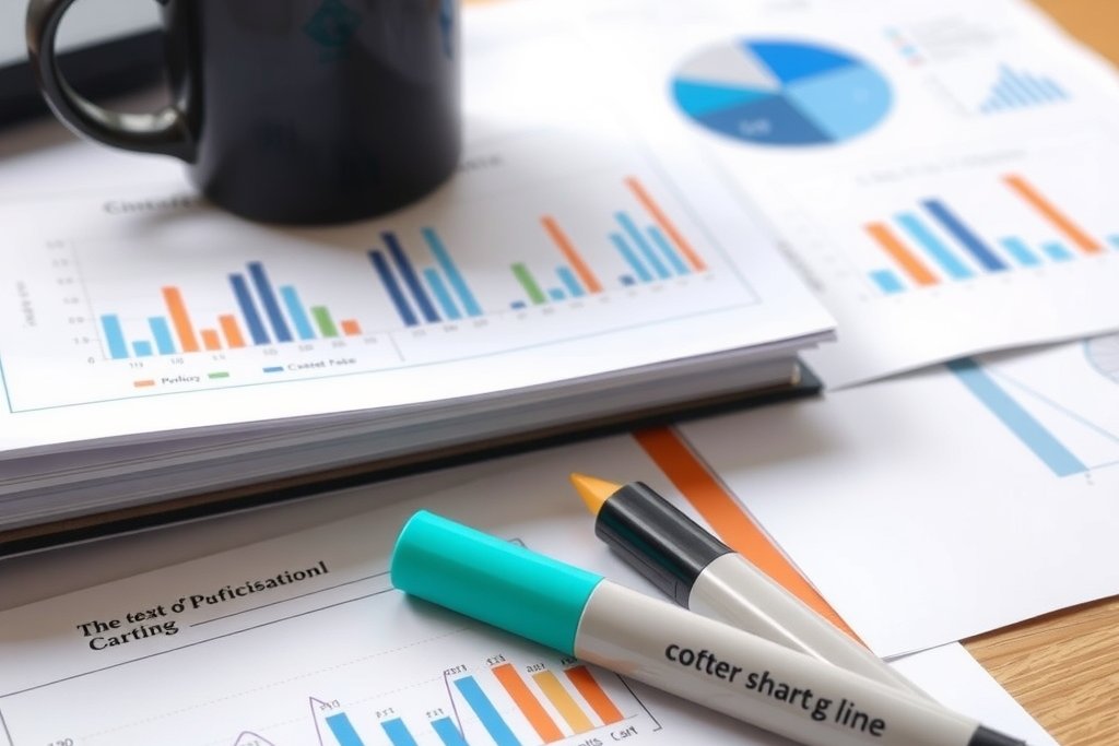 Printed charts and a highlighter on a desk next to a coffee mug