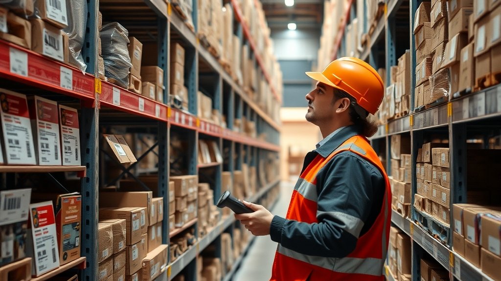 Warehouse worker scanning shelves with handheld barcode scanner