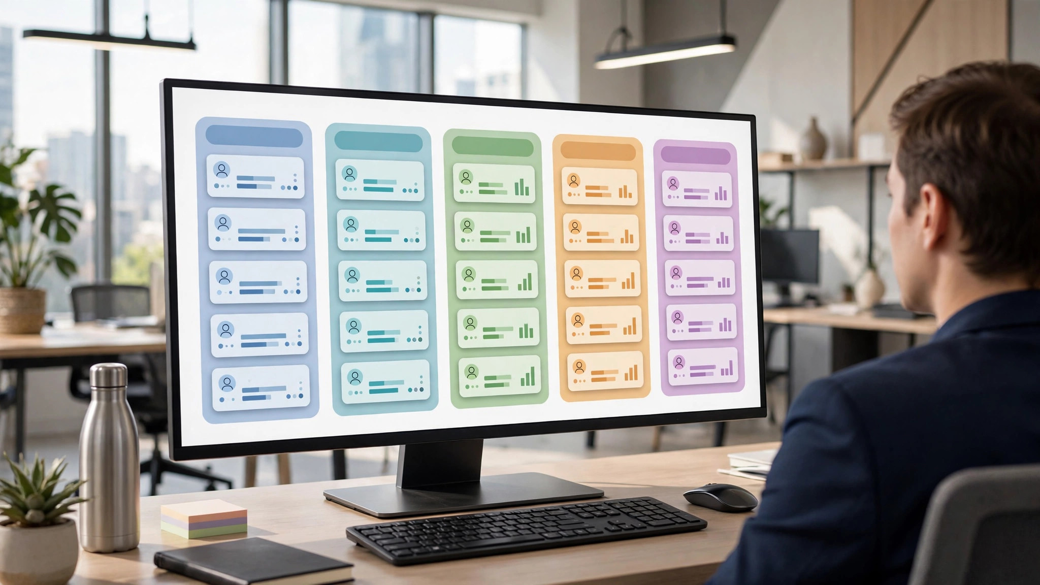 Employee viewing a colorful kanban pipeline board on a large monitor — Odoo CRM organizing work by stage