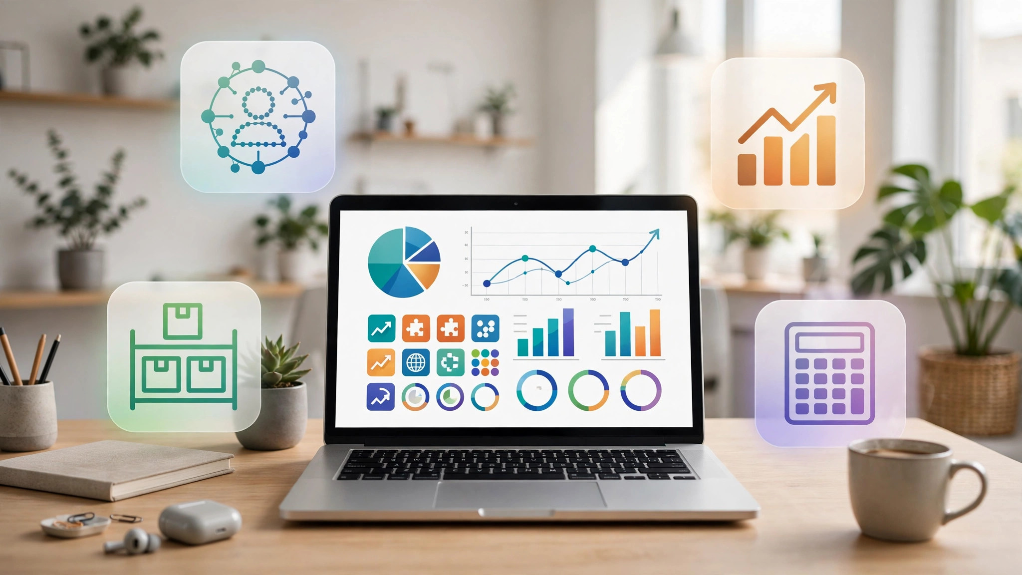 Laptop showing ERP dashboards and charts, surrounded by floating app icons for inventory, contacts, accounting, and sales