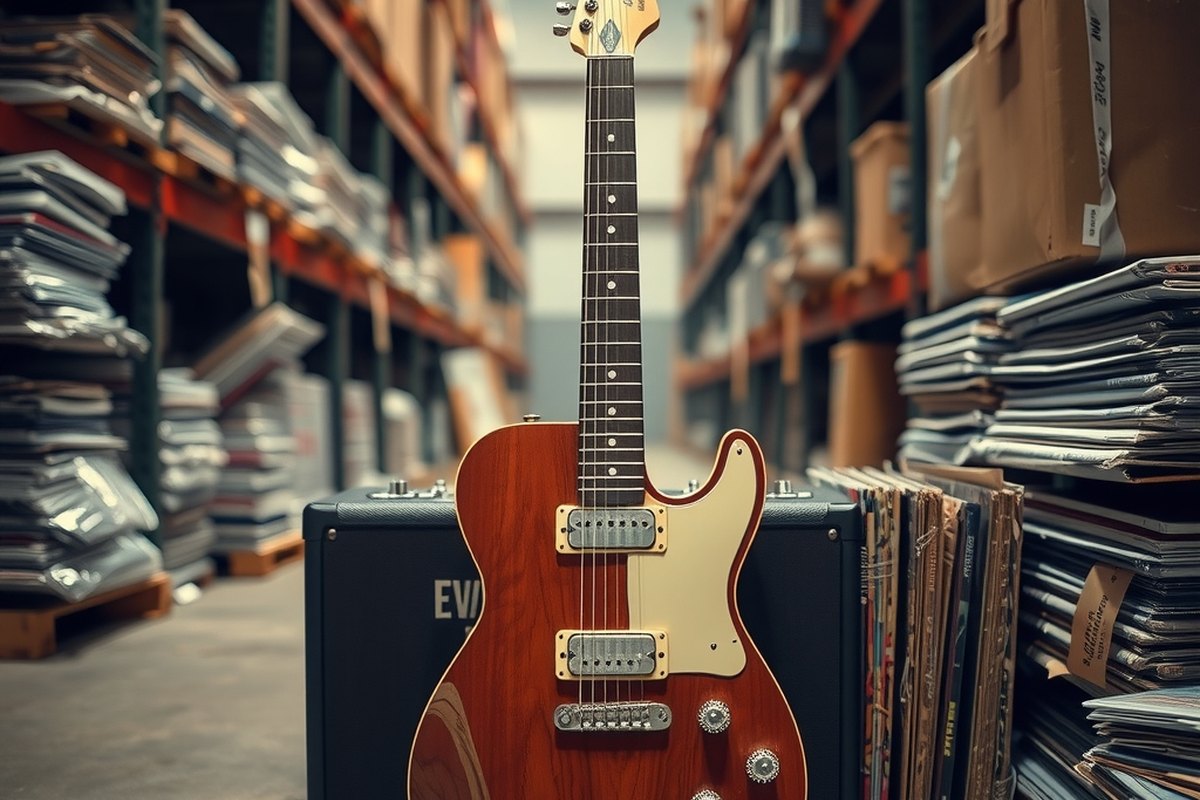 Vinyl records and a guitar leaning against a warehouse shelf