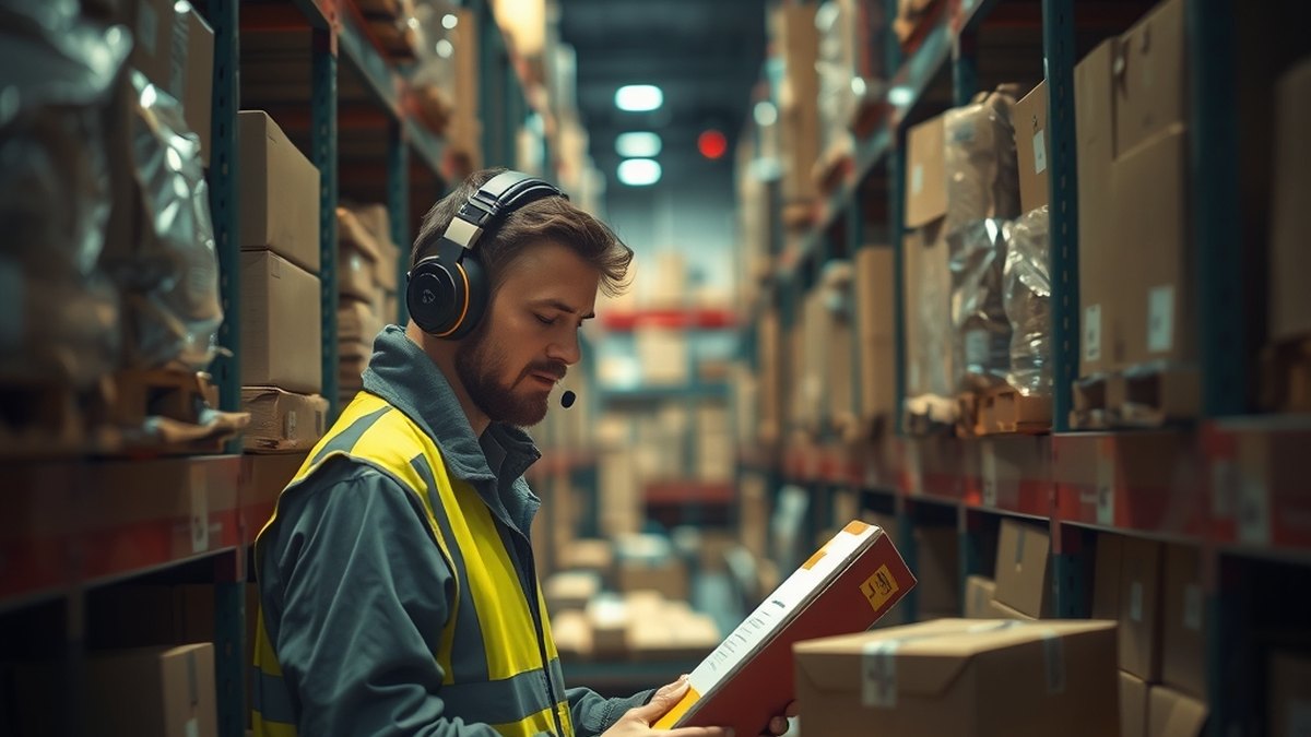 Worker with headphones counting boxes in a warehouse aisle at night