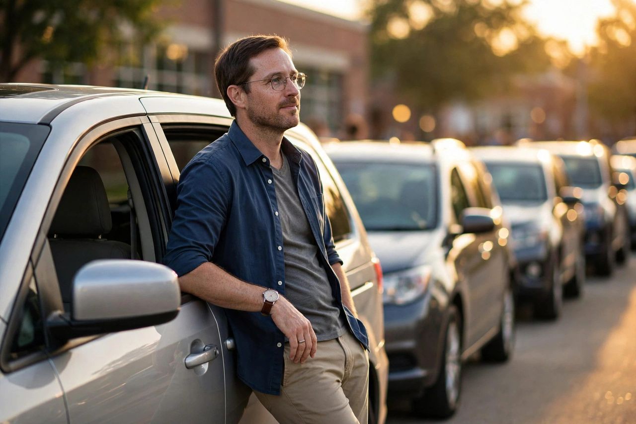 Dad in business casual leaning against a minivan in a school pickup line at golden hour