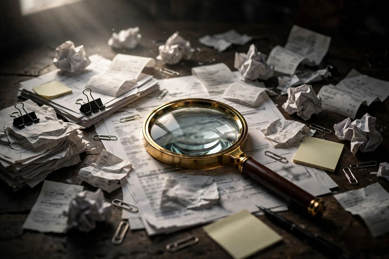 Magnifying glass over messy financial documents during a QuickBooks audit