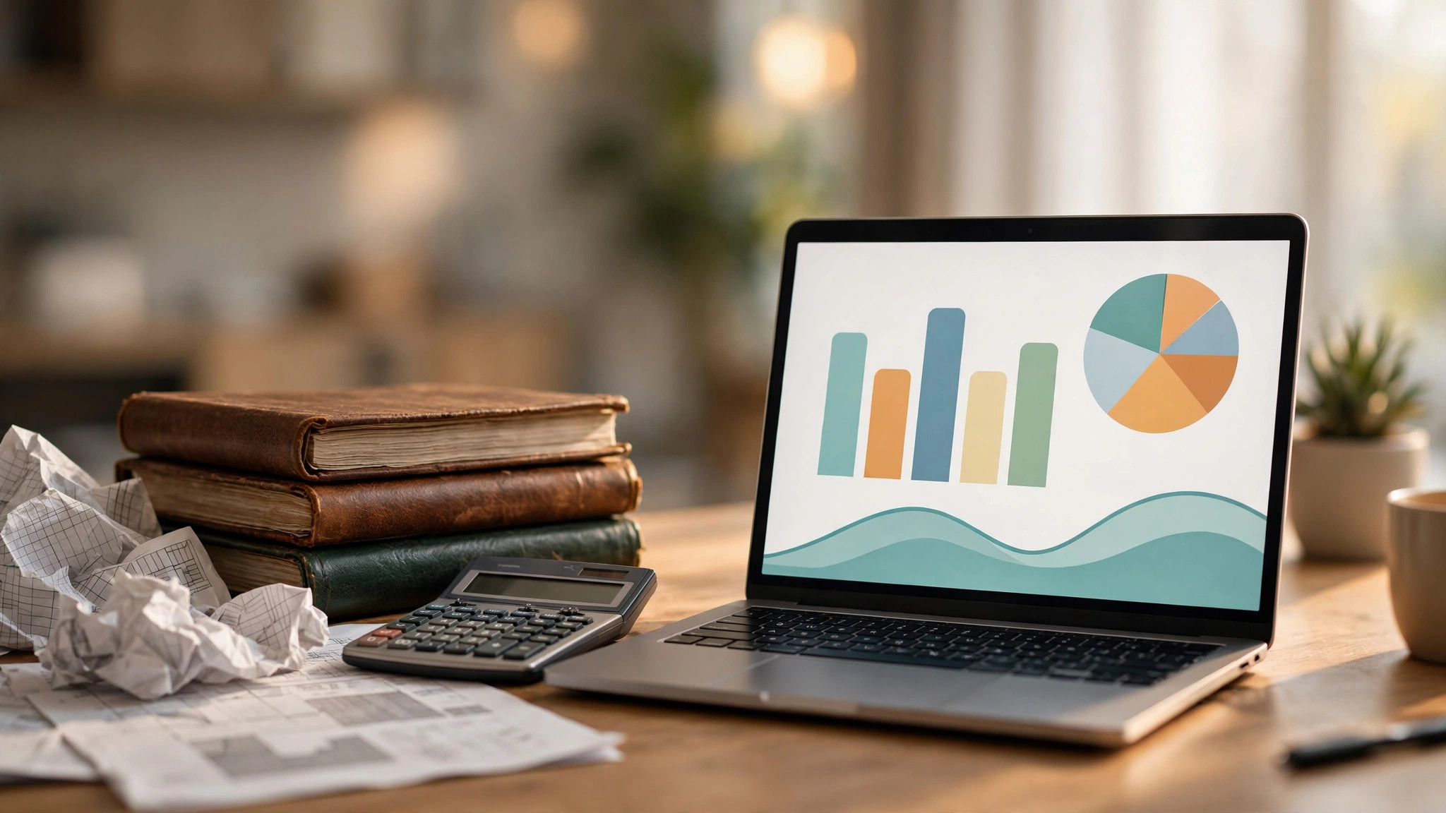 Laptop displaying colorful bar and pie charts beside a stack of worn leather ledger books, a calculator, and crumpled paper spreadsheets on a wooden desk