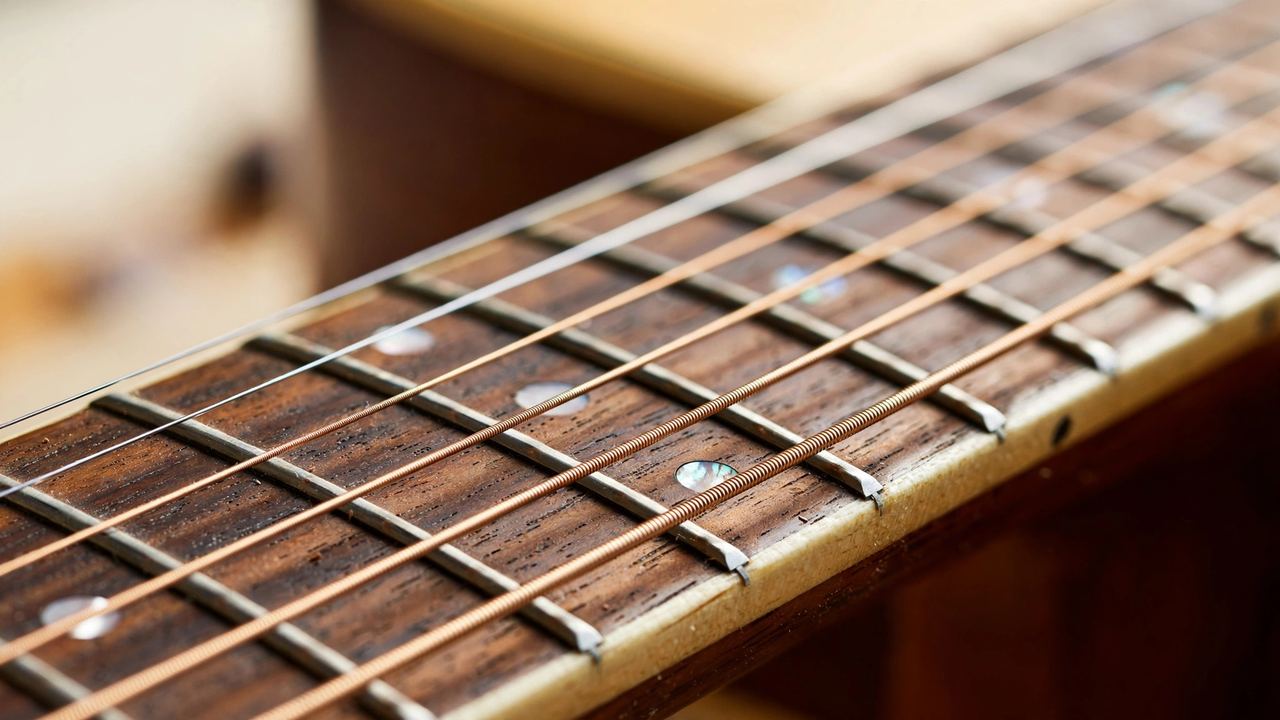 Close-up of guitar strings and fretboard