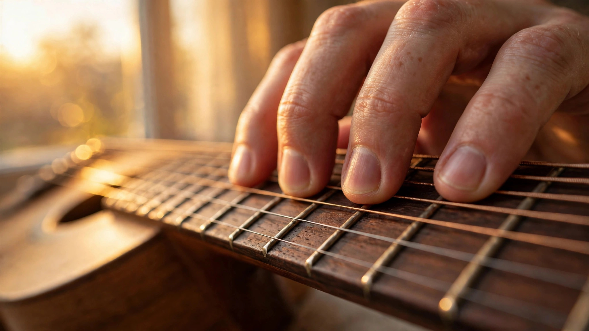 Close-up of an acoustic guitar fretboard, fingers pressing a chord in warm window light