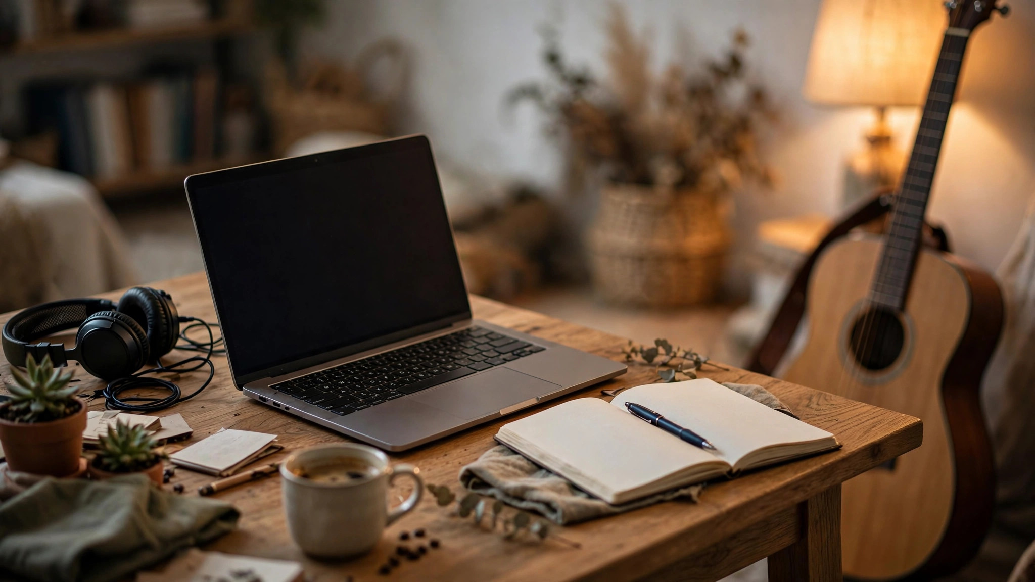 Home office desk with a guitar leaning against it in soft-focus background, warm lamp light