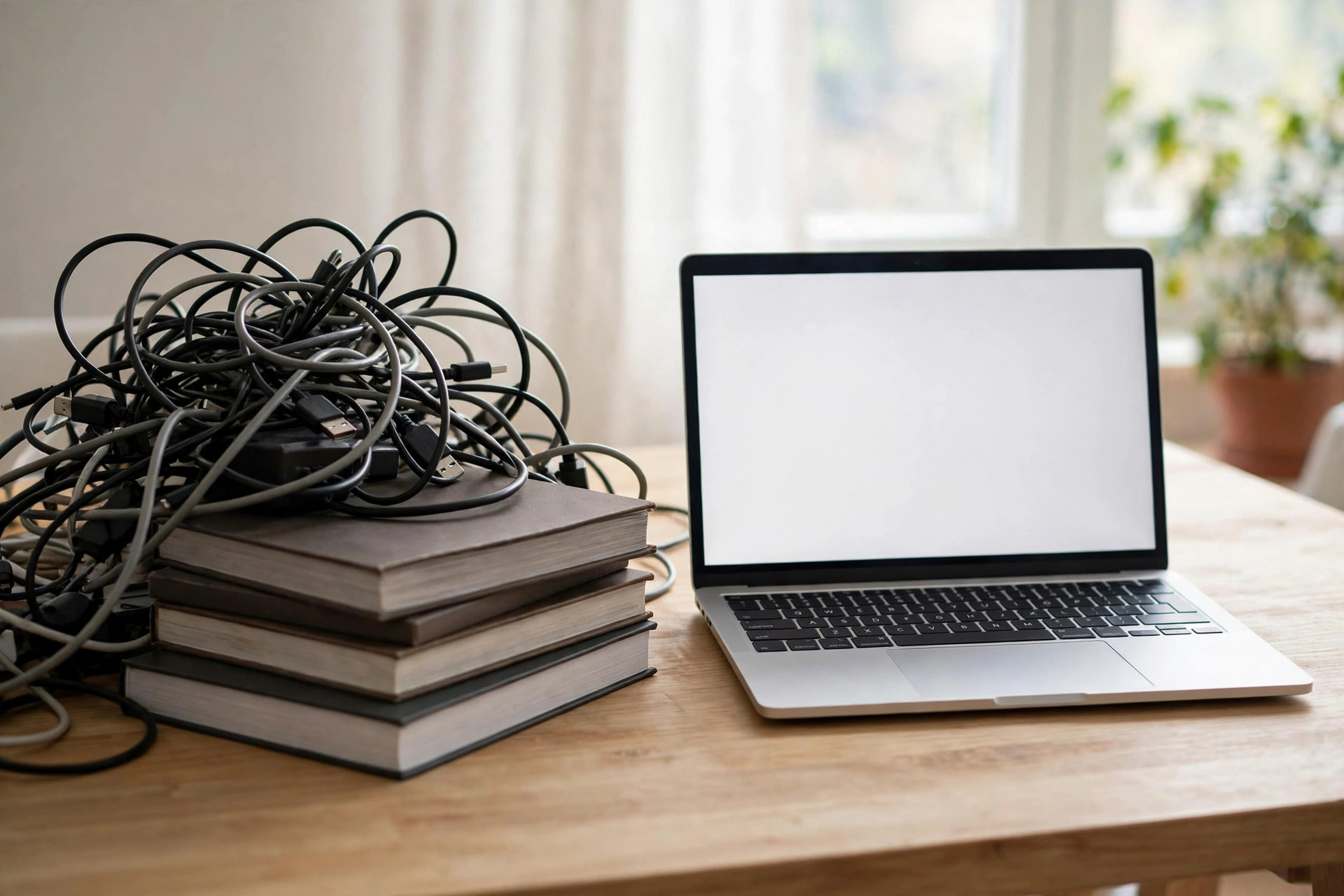 Tangled cables and manuals beside a clean simple laptop on a desk