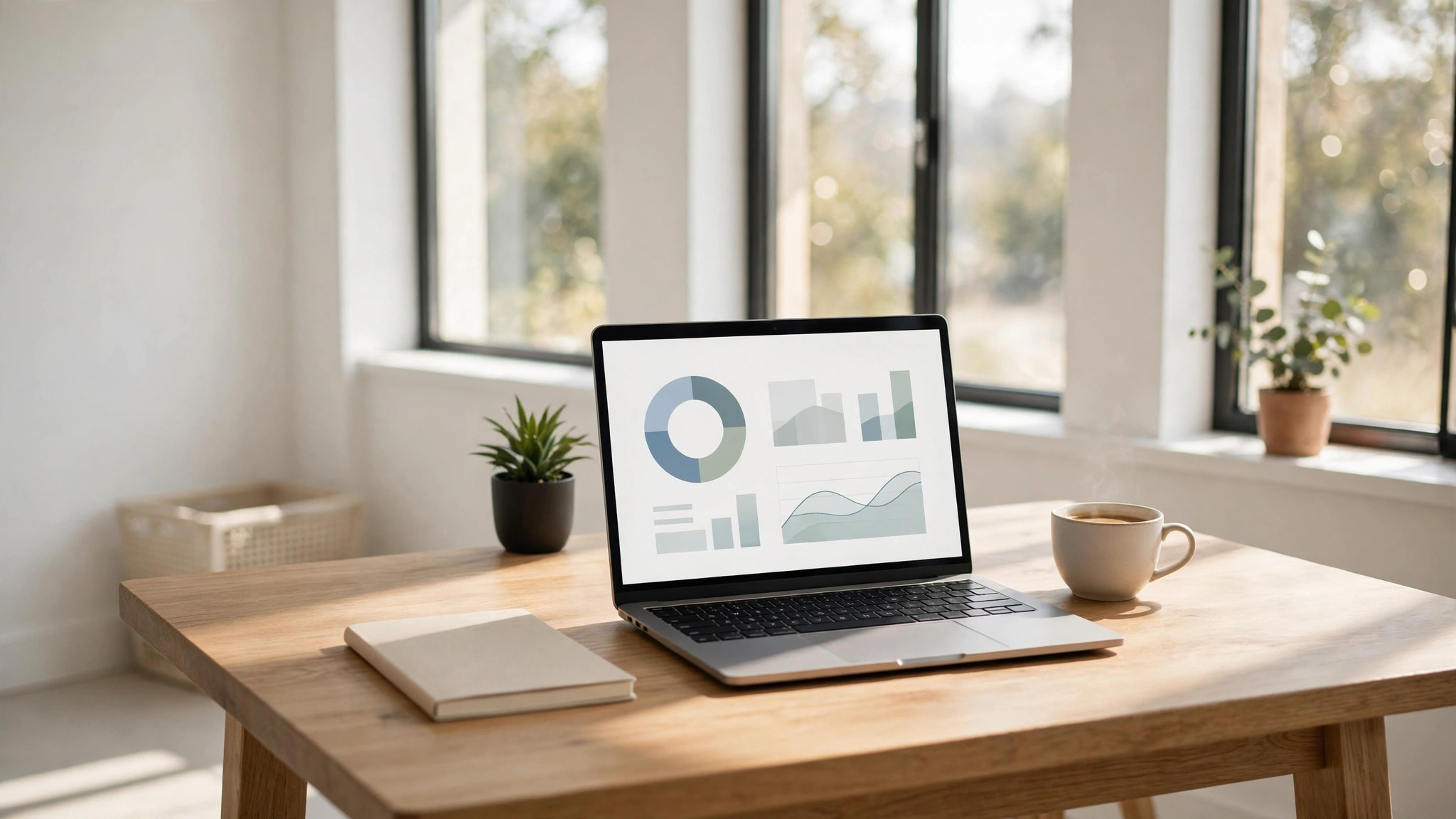 Bright uncluttered small office with a laptop showing a clean dashboard