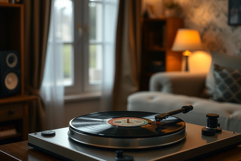 Turntable playing a vinyl record in a cozy living room